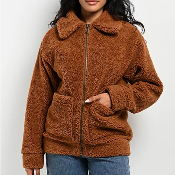 Women's 24 Colours Teddy Fleece Zip Up Jacket Brown Zumiez Small - Picture 2 of 15
